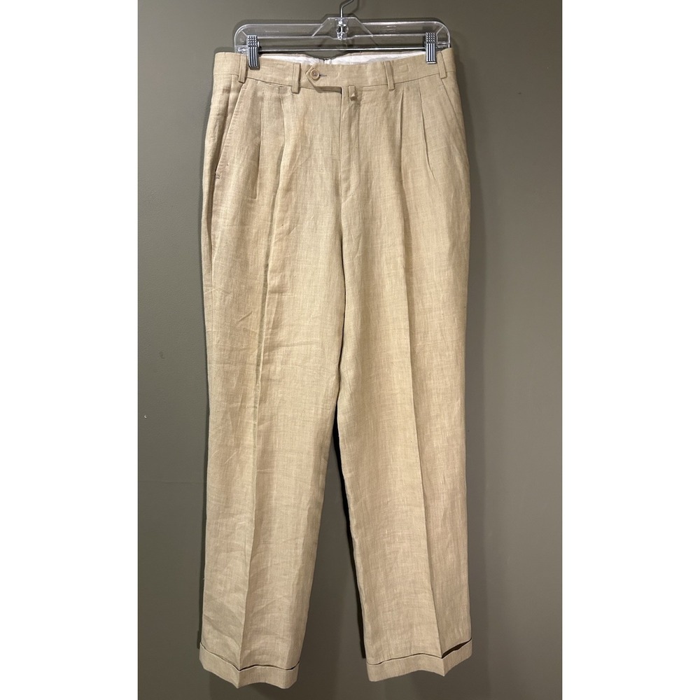 Vtg Sartorial Manchetti Tan Linen Dress Pants Mens Sz 32x29 Pleated Cuff Baggy